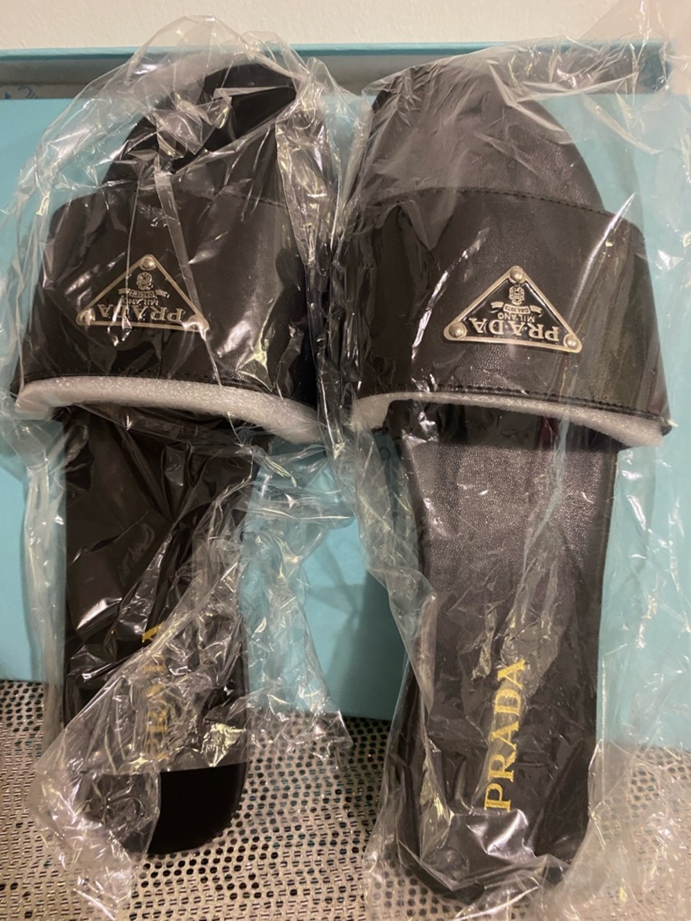 Prada Black Leather Logo Slide Sandals with Gold Emblem - Picture 9 of 11